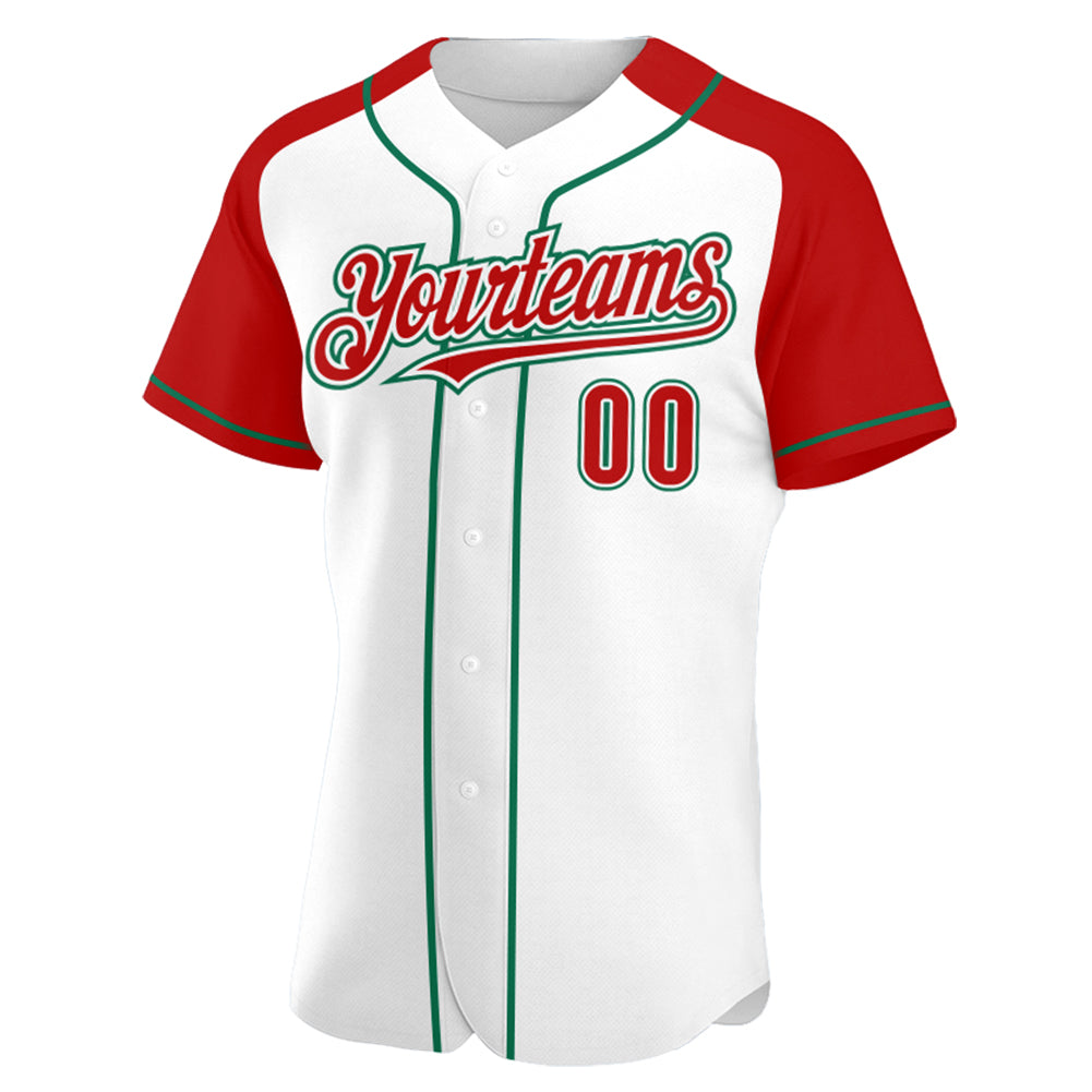 Custom White Red-Kelly Green Authentic Raglan Sleeves Baseball Jersey baseball jersey product view 2
