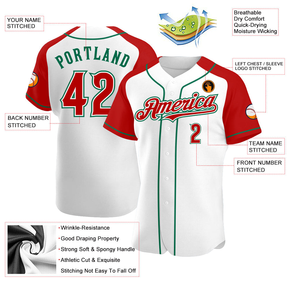 Custom White Red-Kelly Green Authentic Raglan Sleeves Baseball Jersey baseball jersey product view 3