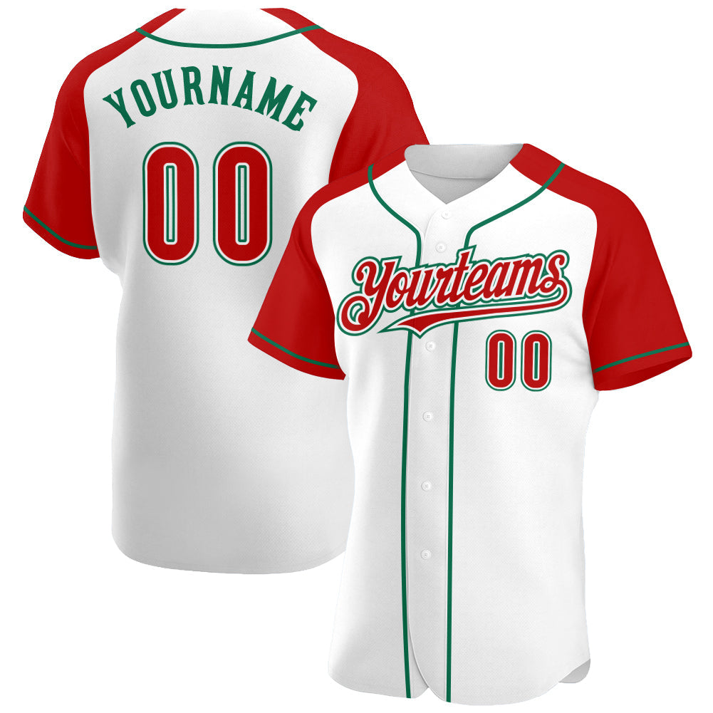 Custom White Red-Kelly Green Authentic Raglan Sleeves Baseball Jersey baseball jersey product view 1