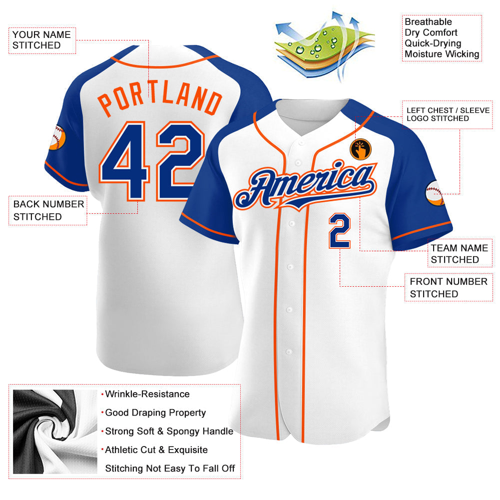 Custom White Royal-Orange Authentic Raglan Sleeves Baseball Jersey baseball jersey product view 3