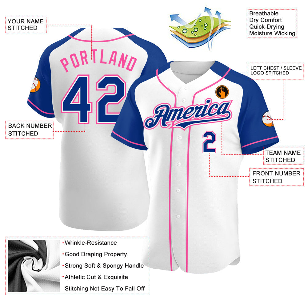 Custom White Royal-Pink Authentic Raglan Sleeves Baseball Jersey baseball jersey product view 3