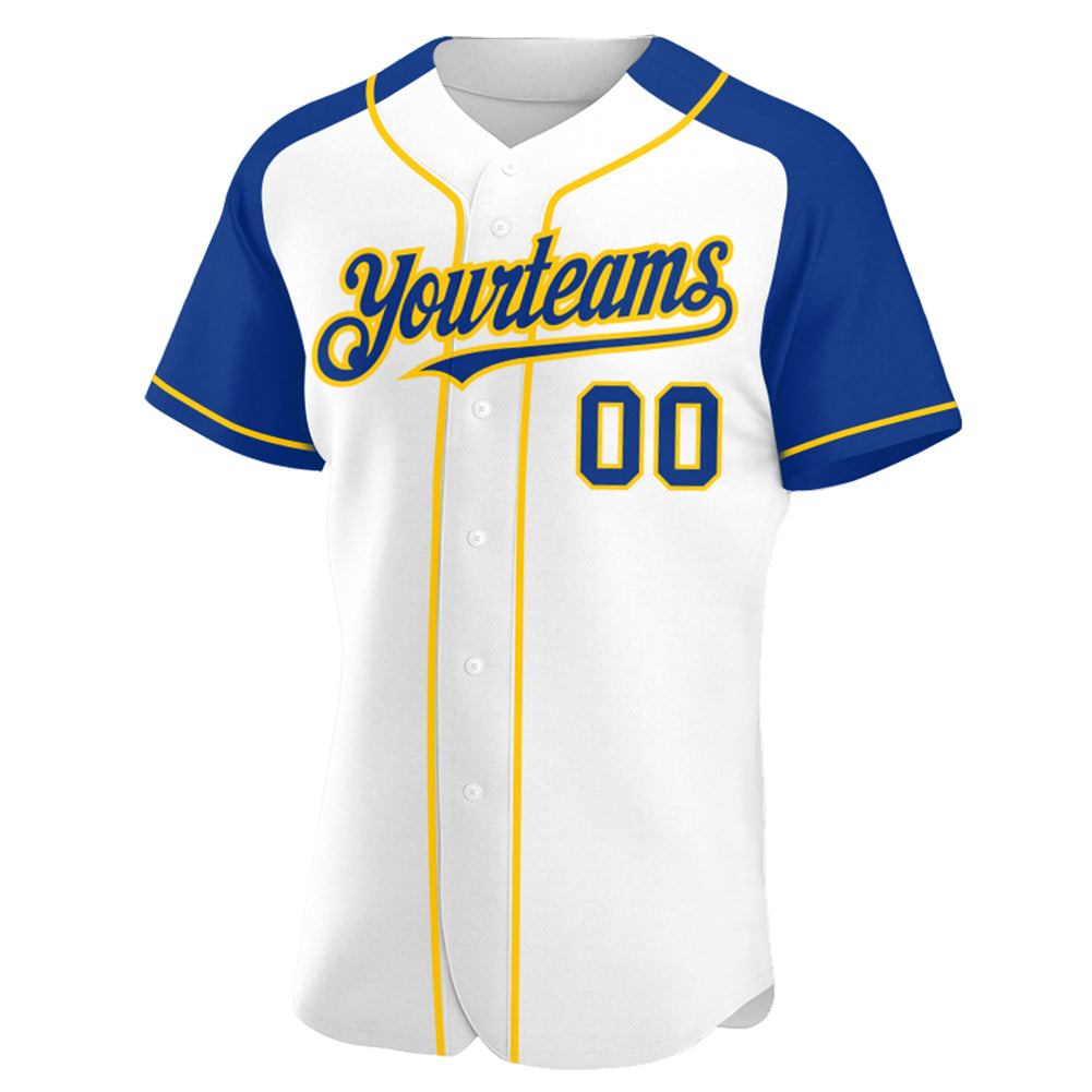 Custom White Royal-Yellow Authentic Raglan Sleeves Baseball Jersey baseball jersey product view 2