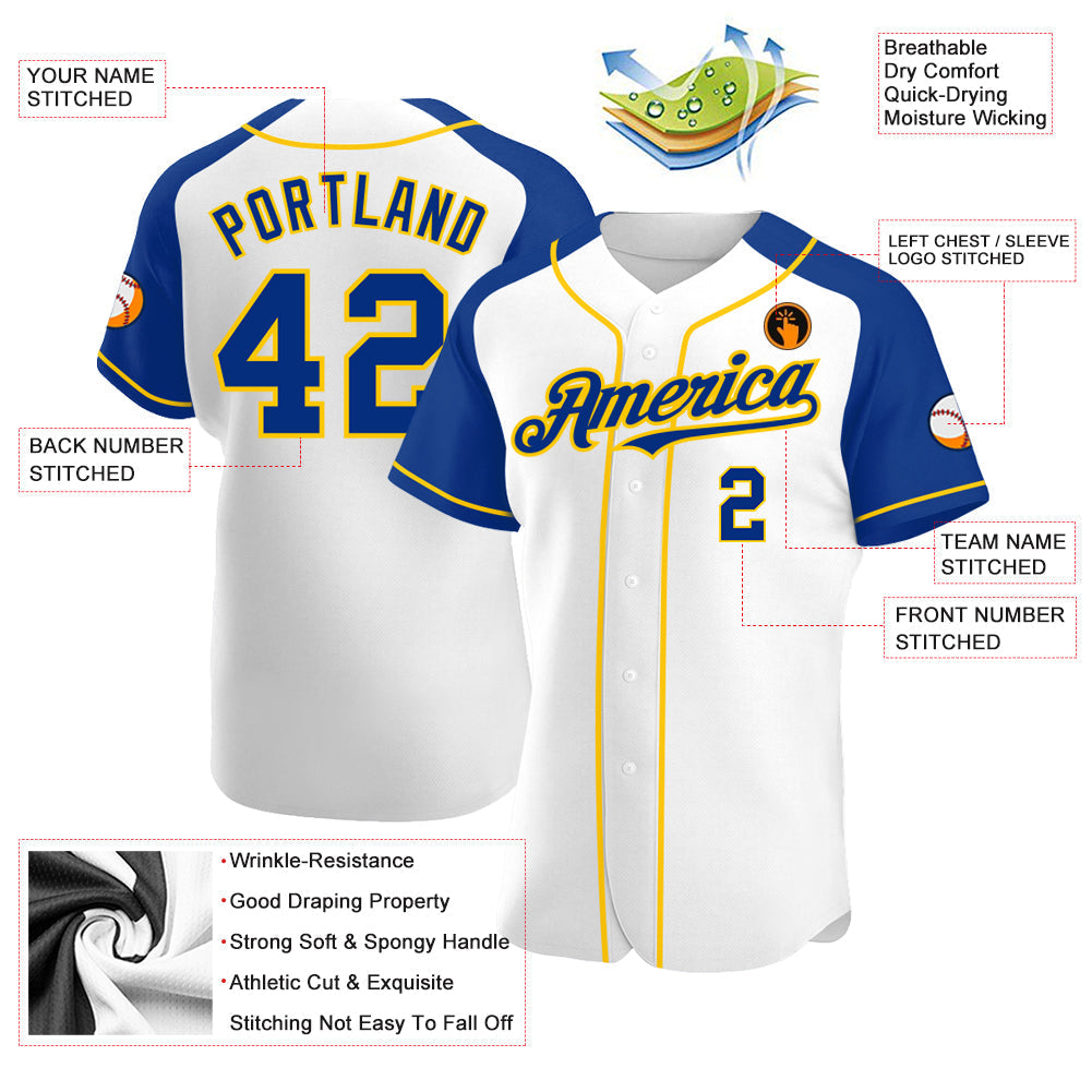 Custom White Royal-Yellow Authentic Raglan Sleeves Baseball Jersey baseball jersey product view 3