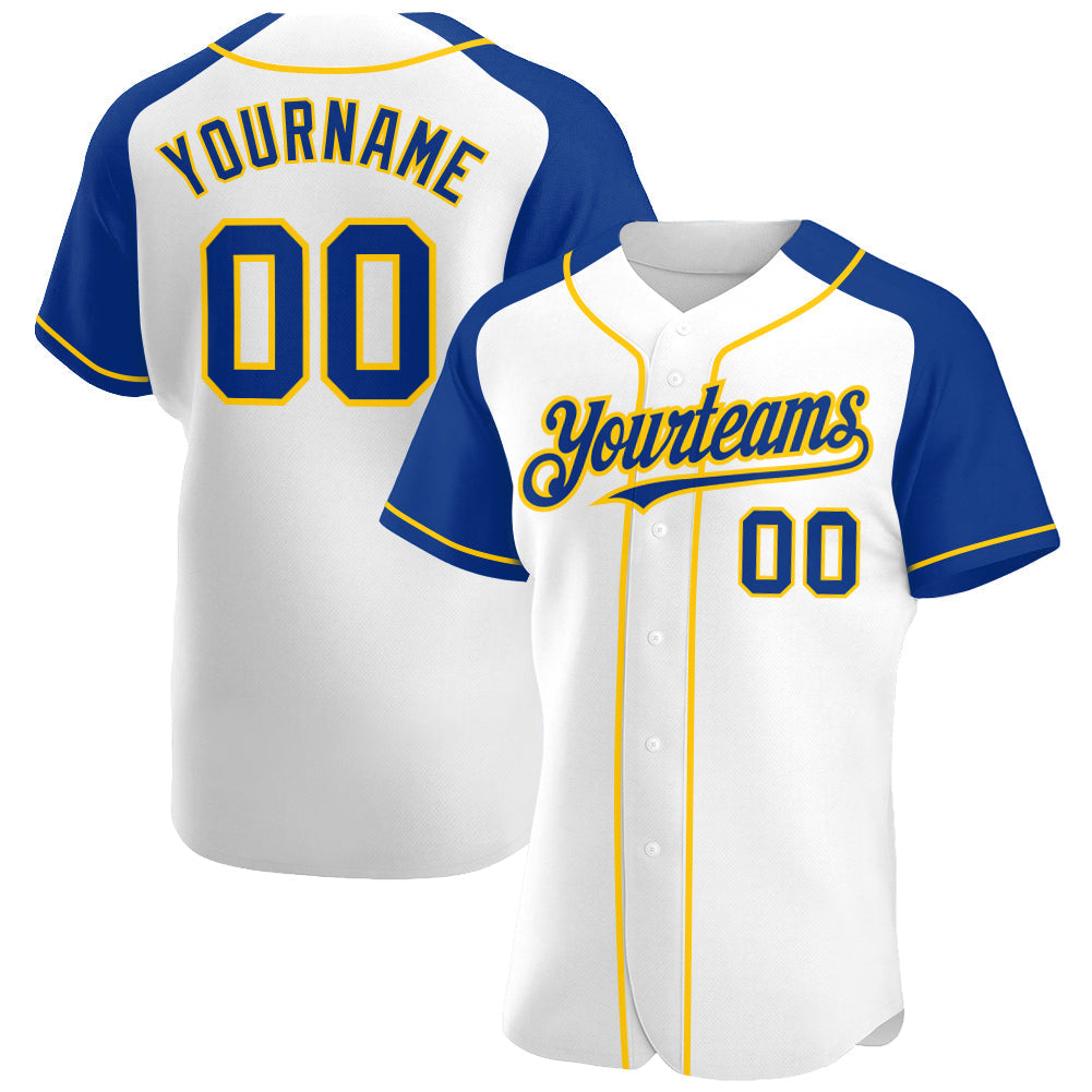 Custom White Royal-Yellow Authentic Raglan Sleeves Baseball Jersey baseball jersey product view 1