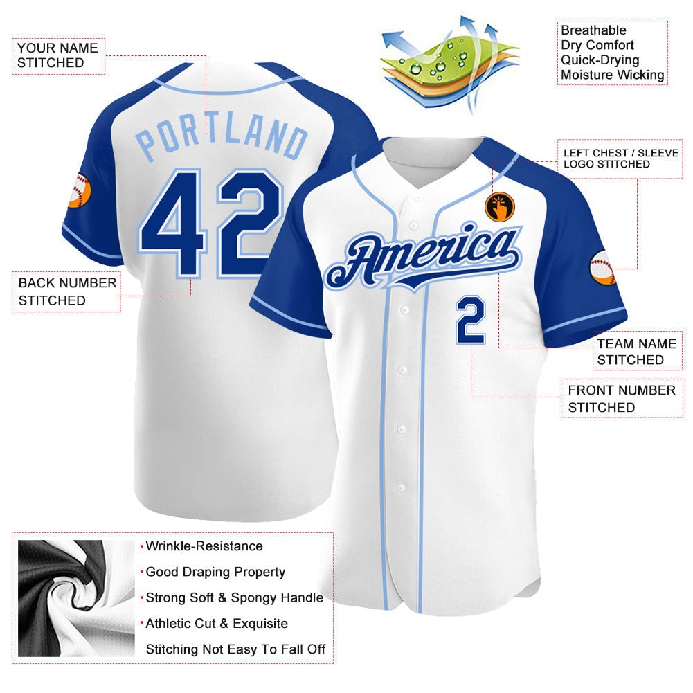 Custom White Royal-Light Blue Authentic Raglan Sleeves Baseball Jersey baseball jersey product view 3