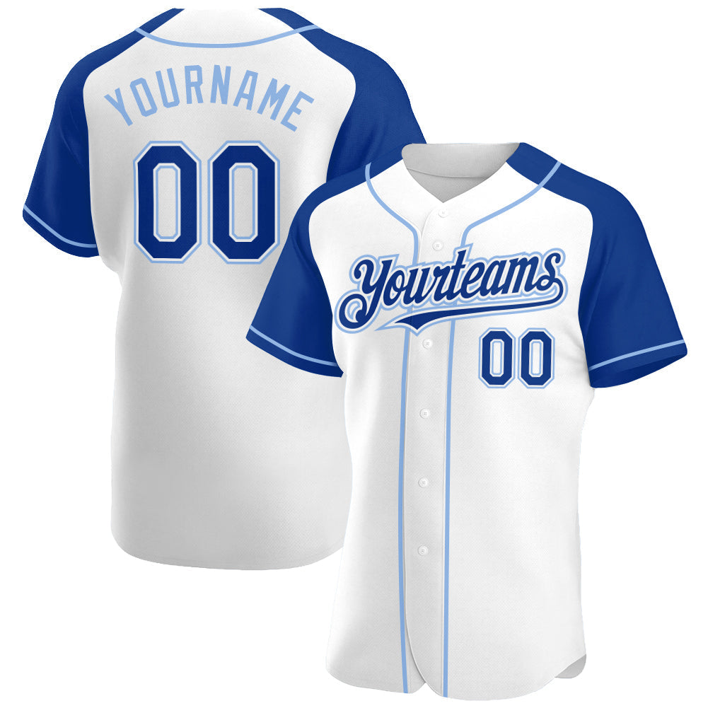 Custom White Royal-Light Blue Authentic Raglan Sleeves Baseball Jersey baseball jersey product view 1