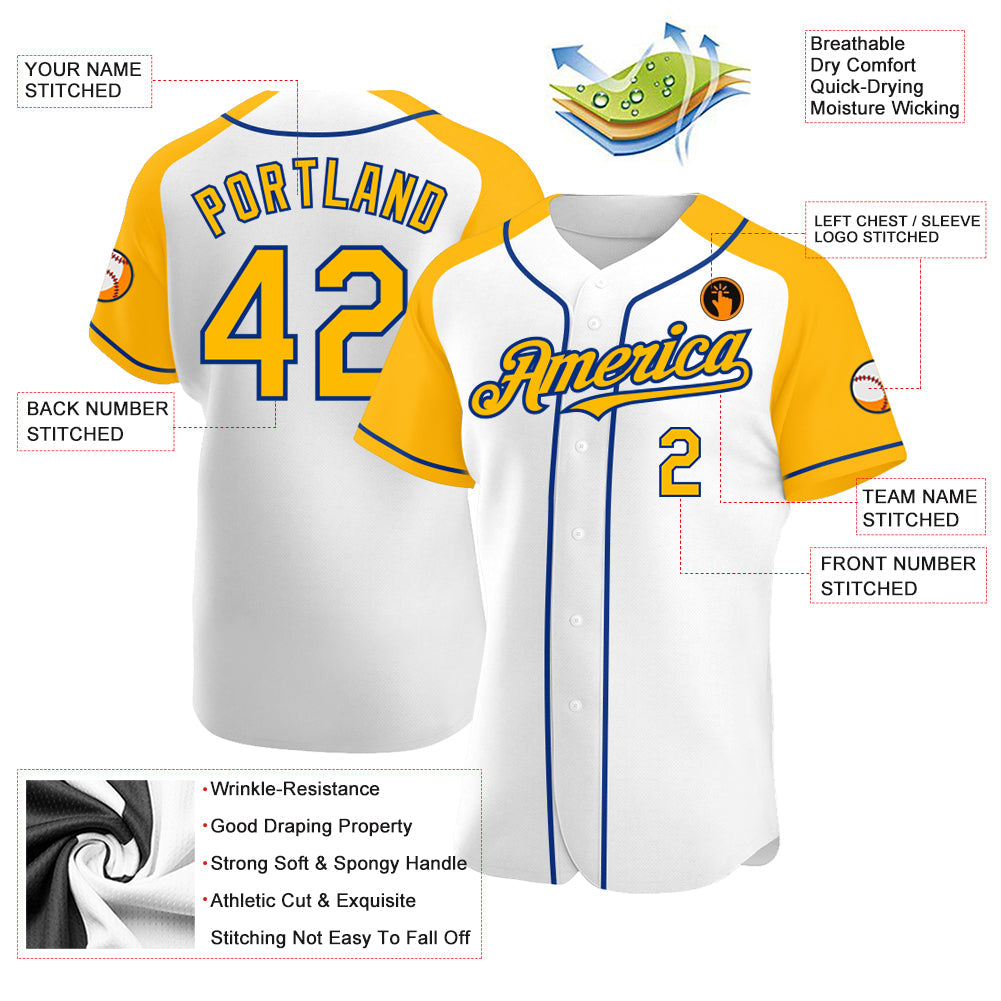 Custom White Gold-Royal Authentic Raglan Sleeves Baseball Jersey baseball jersey product view 3