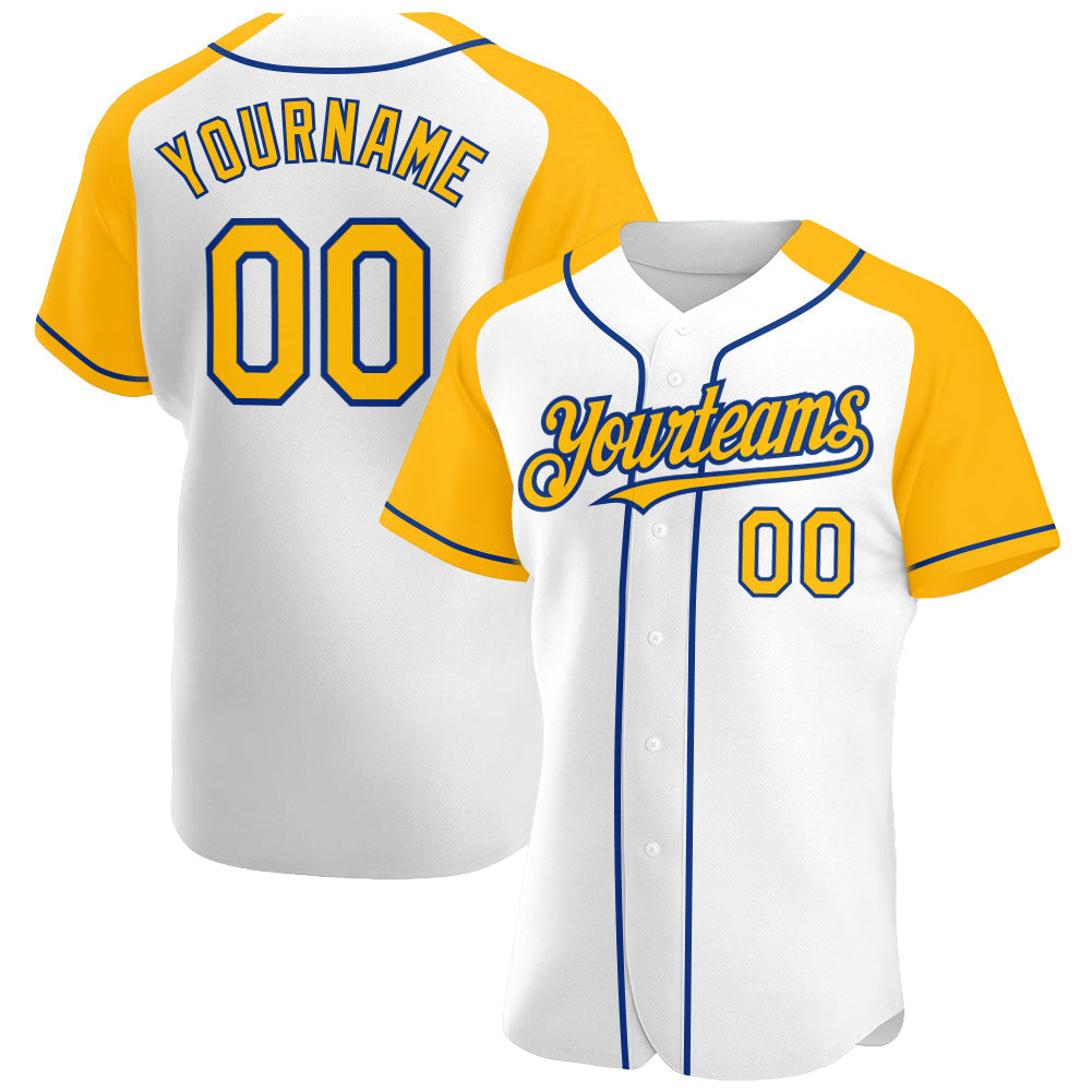 Custom White Gold-Royal Authentic Raglan Sleeves Baseball Jersey baseball jersey product view 1