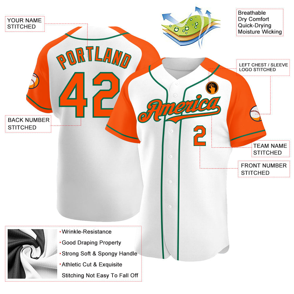 Custom White Orange-Kelly Green Authentic Raglan Sleeves Baseball Jersey baseball jersey product view 3