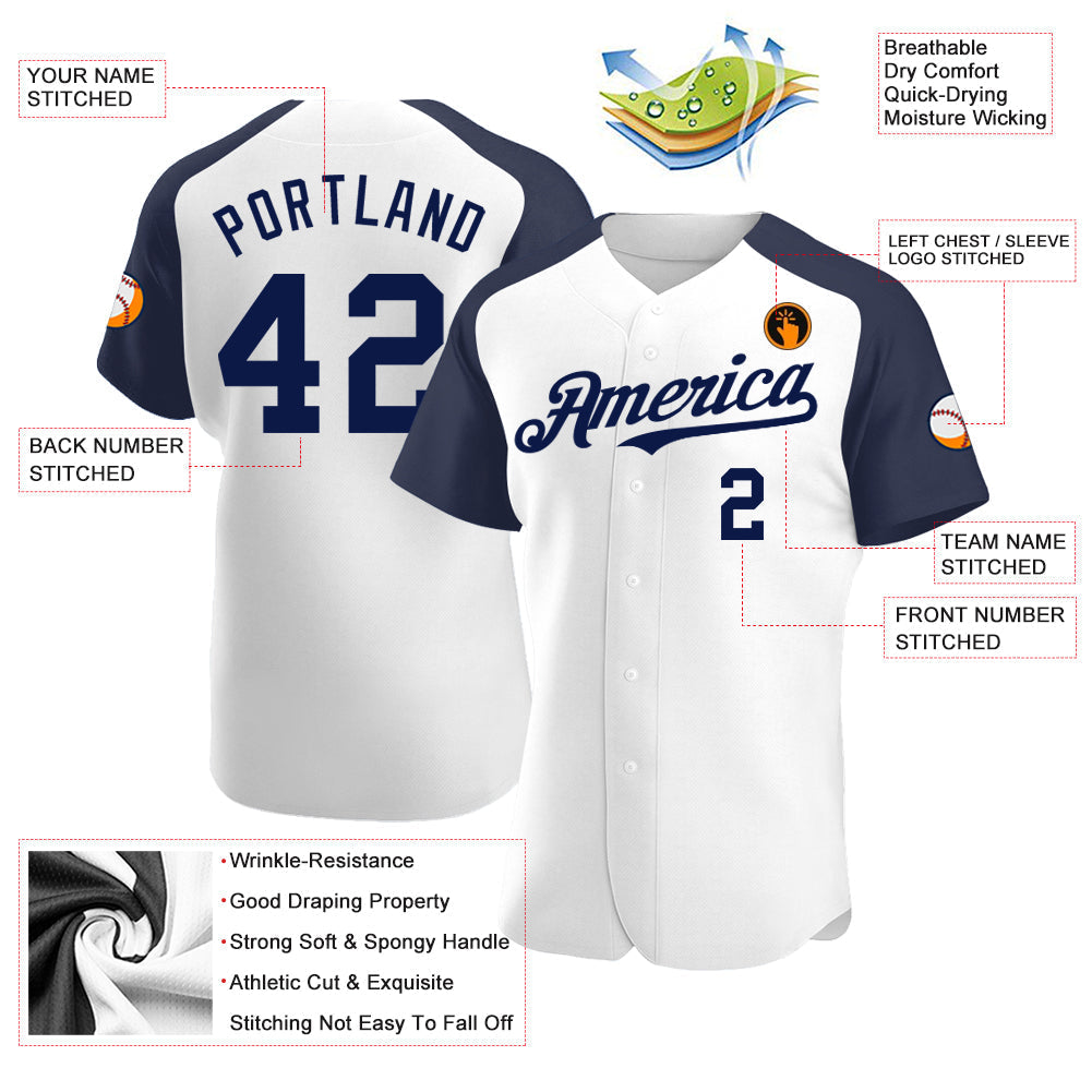 Custom White Navy Authentic Raglan Sleeves Baseball Jersey baseball jersey product view 3