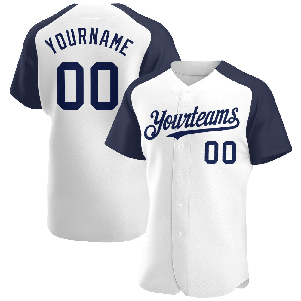 Custom White Navy Authentic Raglan Sleeves Baseball Jersey baseball jersey product view 1