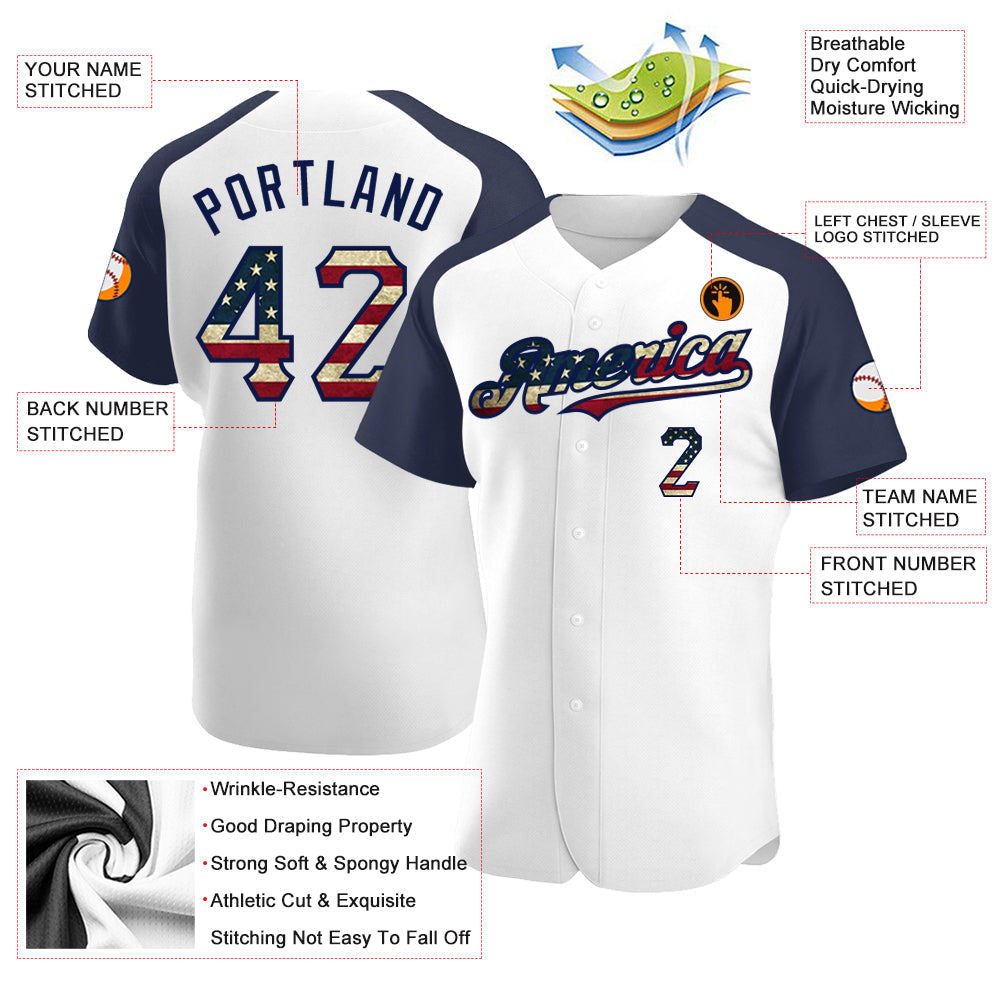 Custom White Vintage USA Flag-Navy Authentic Raglan Sleeves Baseball Jersey baseball jersey product view 3