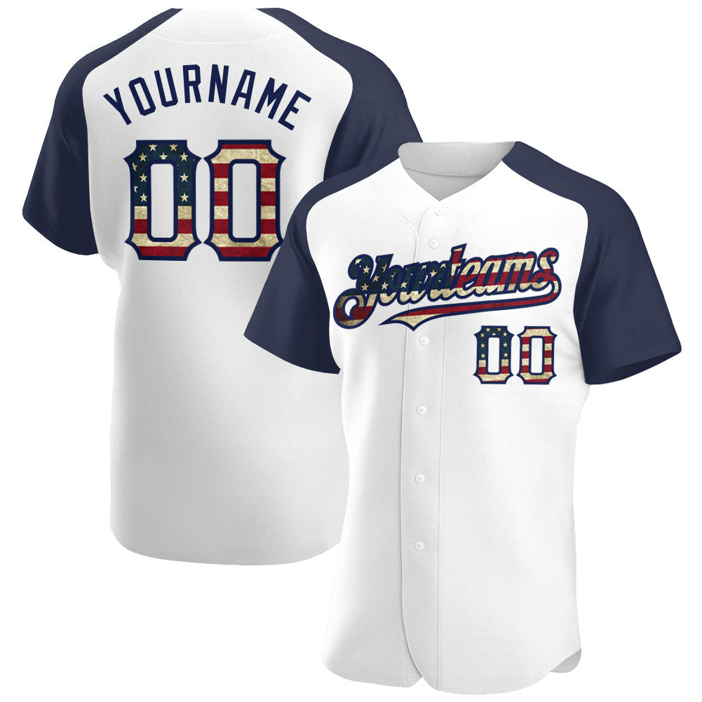 Custom White Vintage USA Flag-Navy Authentic Raglan Sleeves Baseball Jersey baseball jersey product view 1
