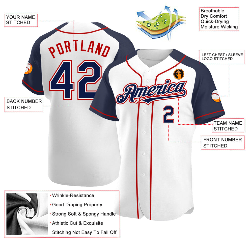 Custom White Navy-Red Authentic Raglan Sleeves Baseball Jersey baseball jersey product view 3