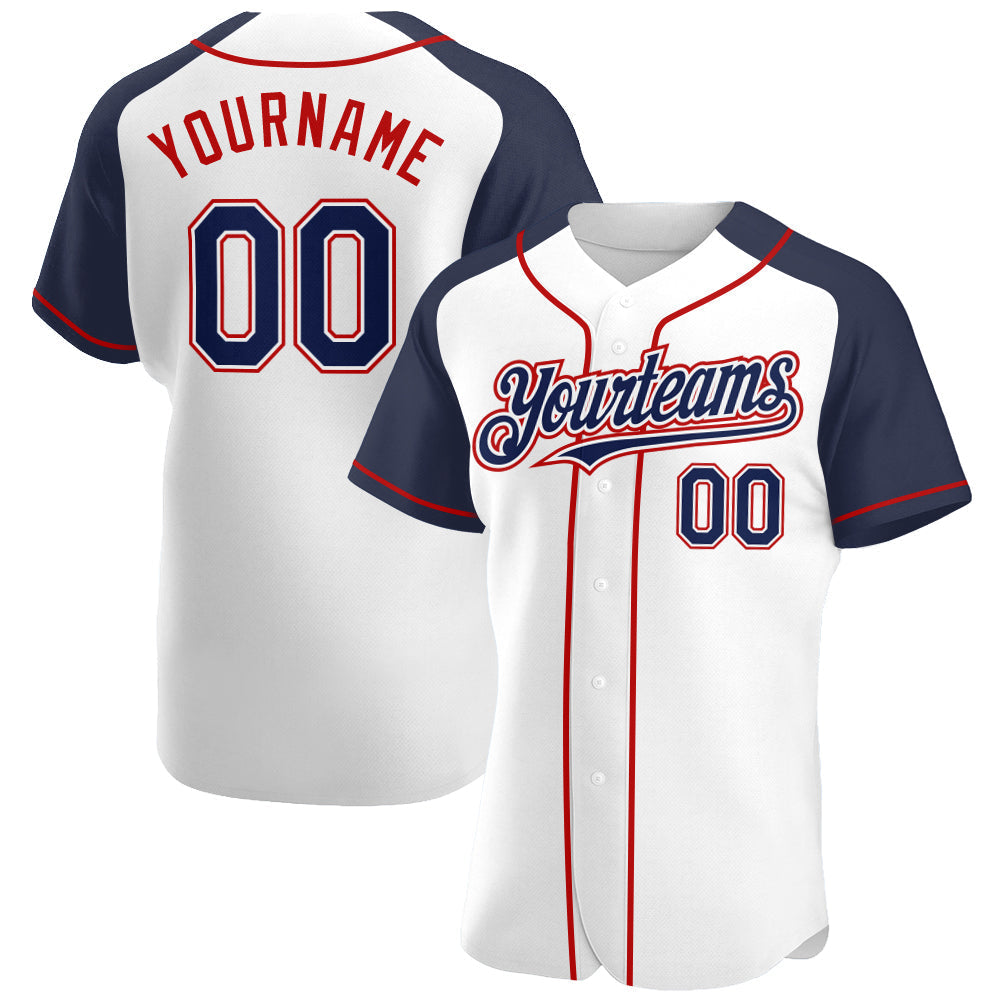 Custom White Navy-Red Authentic Raglan Sleeves Baseball Jersey baseball jersey product view 1