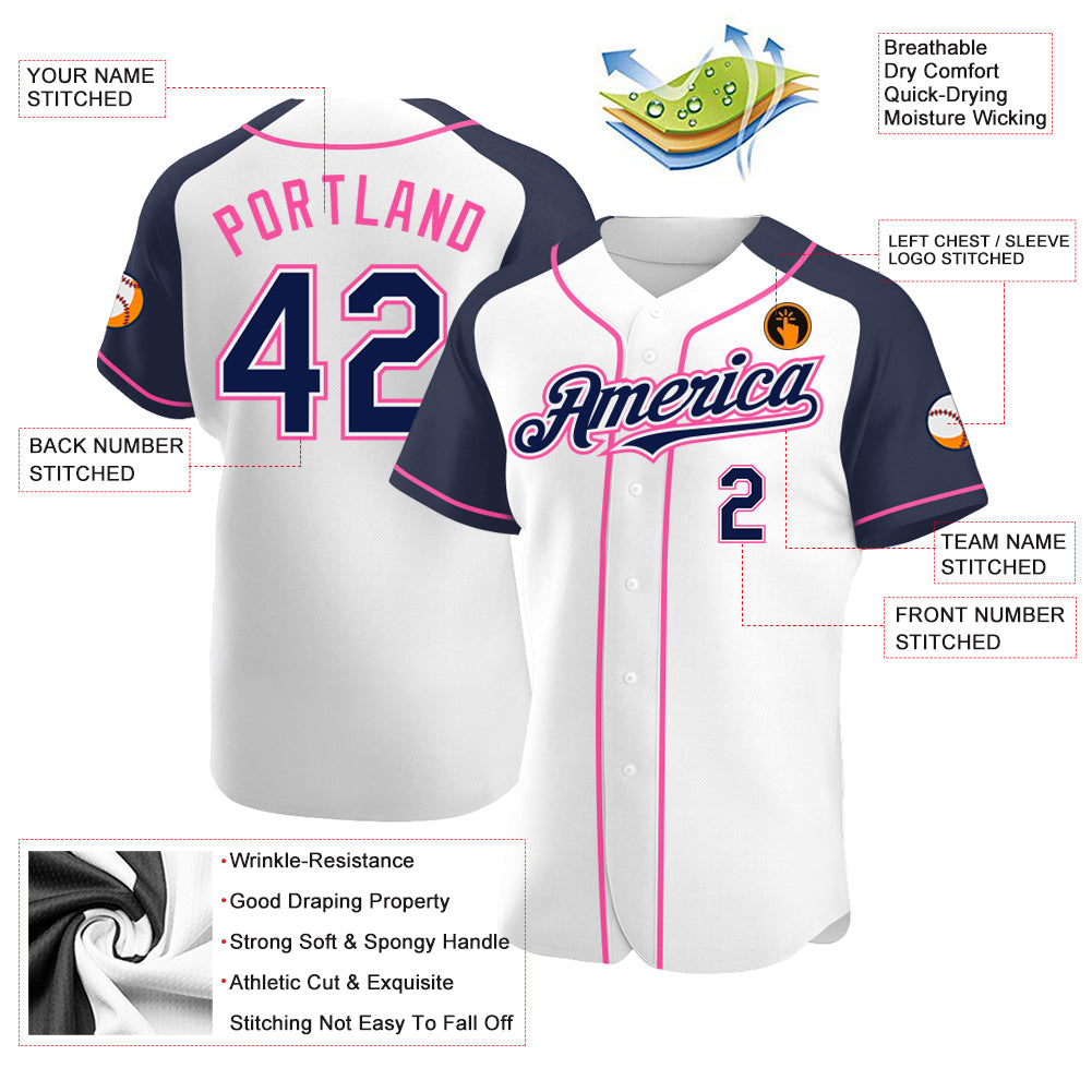 Custom White Navy-Pink Authentic Raglan Sleeves Baseball Jersey baseball jersey product view 3