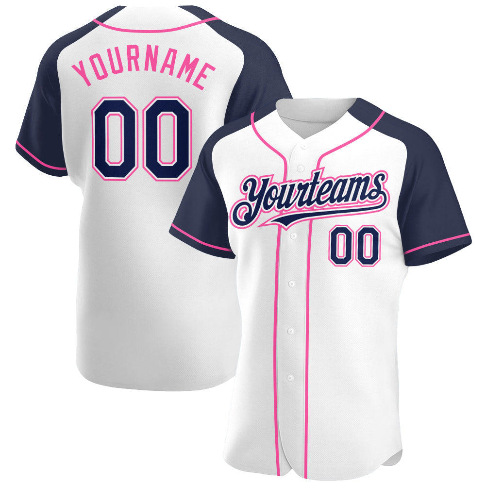 Custom White Navy-Pink Authentic Raglan Sleeves Baseball Jersey baseball jersey product view 1