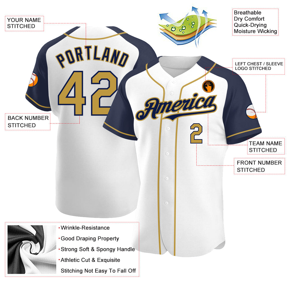 Custom White Old Gold-Navy Authentic Raglan Sleeves Baseball Jersey baseball jersey product view 3