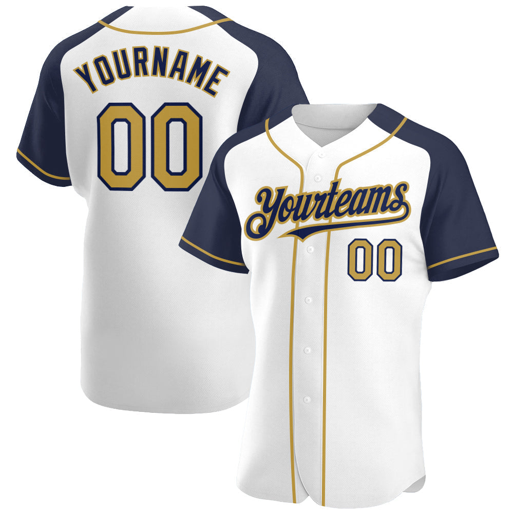 Custom White Old Gold-Navy Authentic Raglan Sleeves Baseball Jersey baseball jersey product view 1