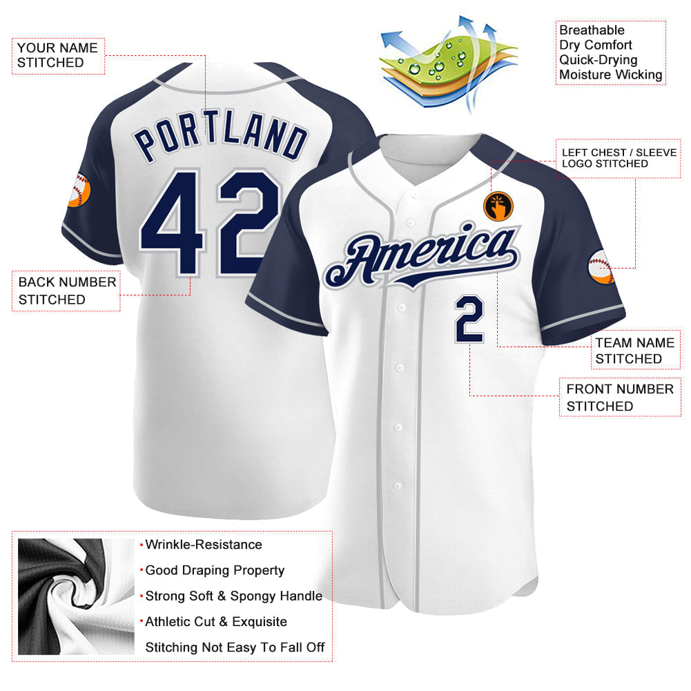 Custom White Navy-Gray Authentic Raglan Sleeves Baseball Jersey baseball jersey product view 3
