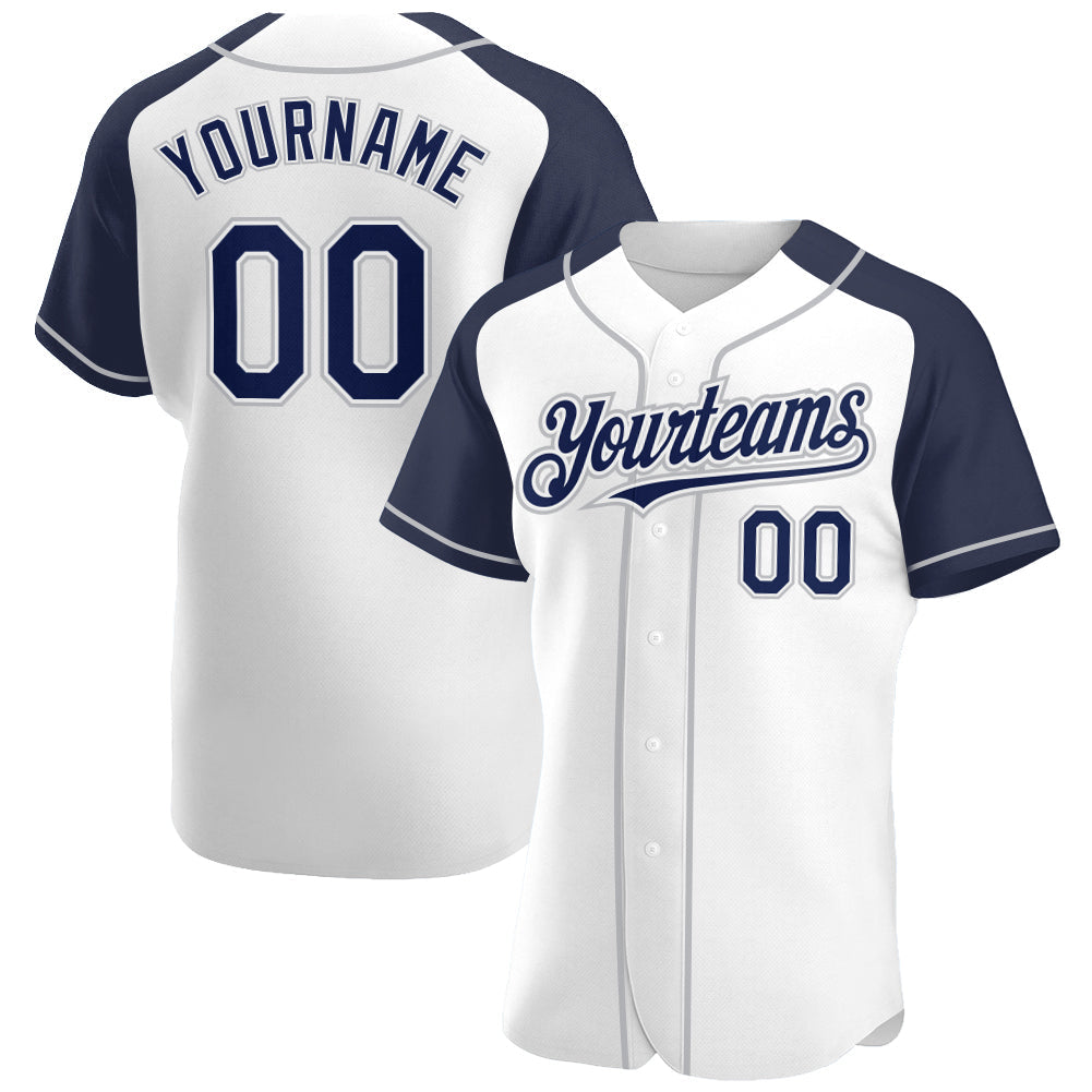 Custom White Navy-Gray Authentic Raglan Sleeves Baseball Jersey baseball jersey product view 1