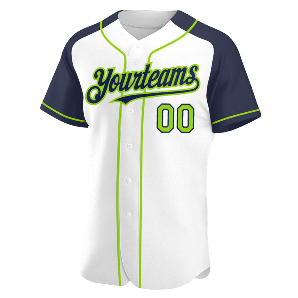 Custom White Neon Green-Navy Authentic Raglan Sleeves Baseball Jersey baseball jersey product view 2