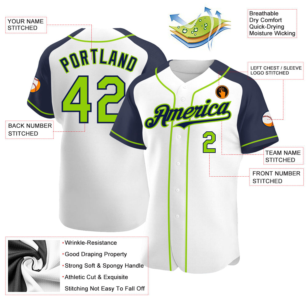 Custom White Neon Green-Navy Authentic Raglan Sleeves Baseball Jersey baseball jersey product view 3