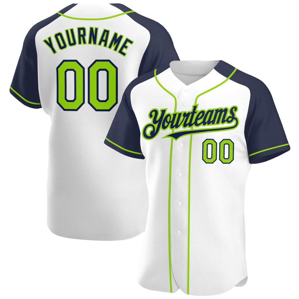 Custom White Neon Green-Navy Authentic Raglan Sleeves Baseball Jersey baseball jersey product view 1