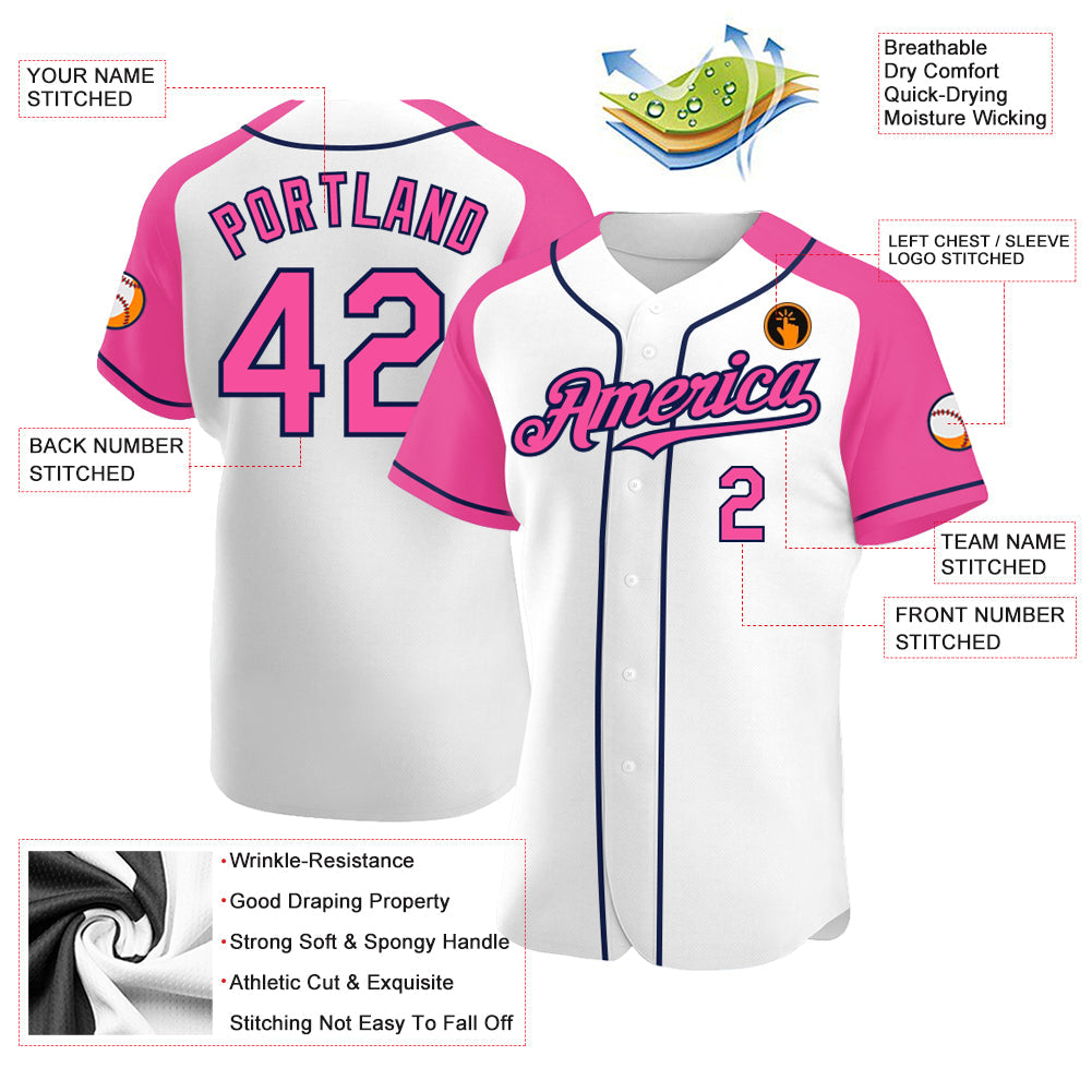 Custom White Pink-Navy Authentic Raglan Sleeves Baseball Jersey baseball jersey product view 3