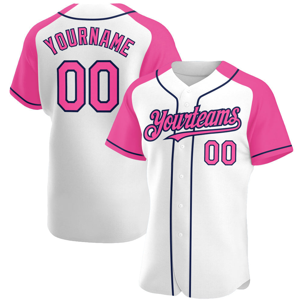 Custom White Pink-Navy Authentic Raglan Sleeves Baseball Jersey baseball jersey product view 1