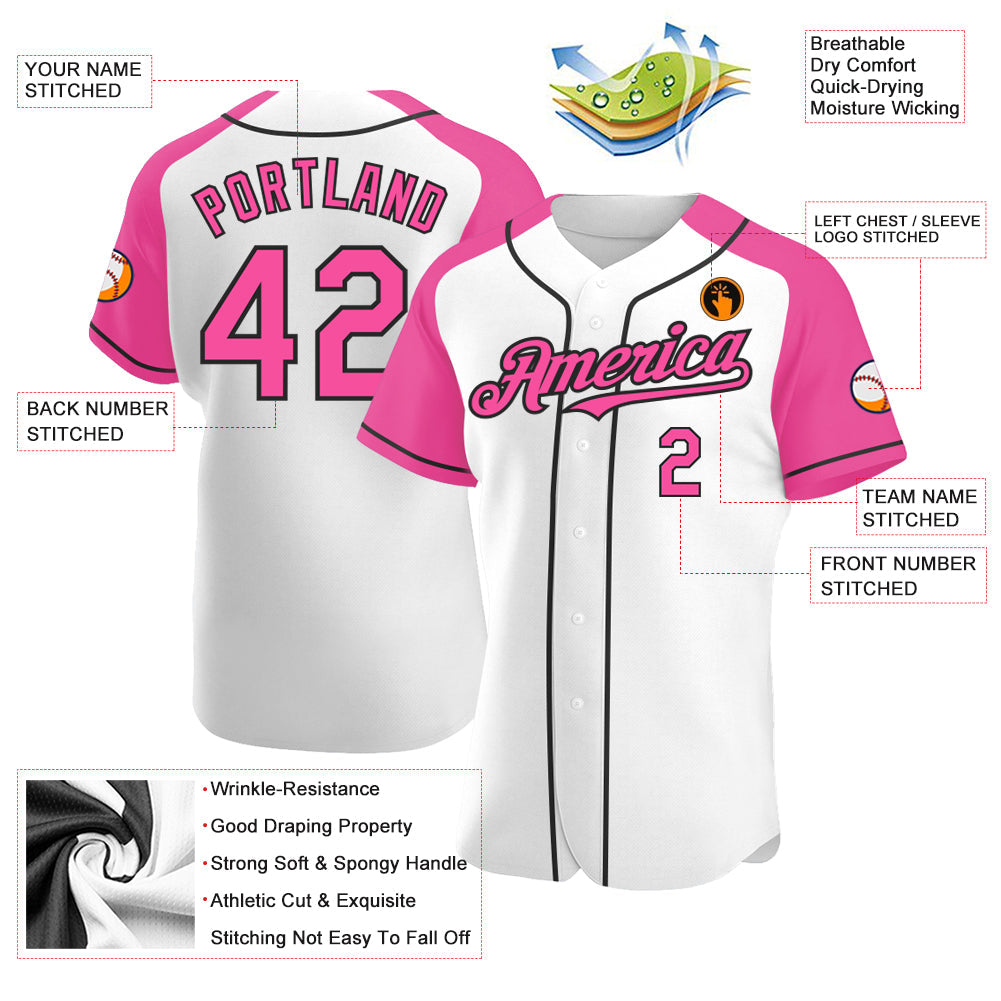 Custom White Pink-Black Authentic Raglan Sleeves Baseball Jersey baseball jersey product view 3