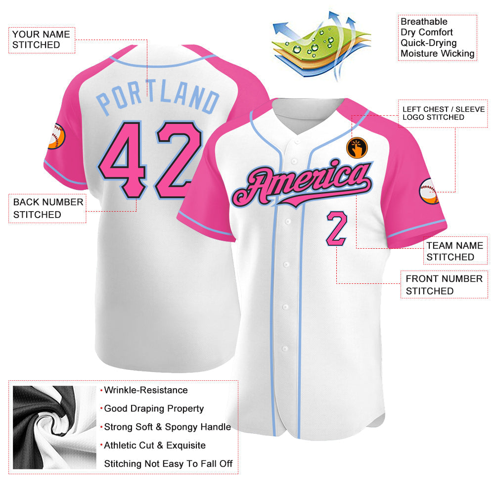 Custom White Pink Black-Light Blue Authentic Raglan Sleeves Baseball Jersey baseball jersey product view 3