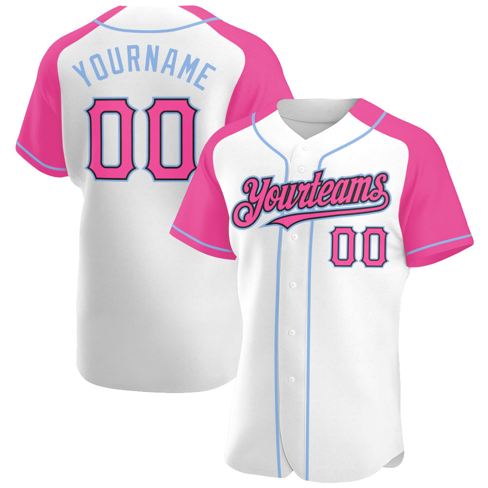 Custom White Pink Black-Light Blue Authentic Raglan Sleeves Baseball Jersey baseball jersey product view 1