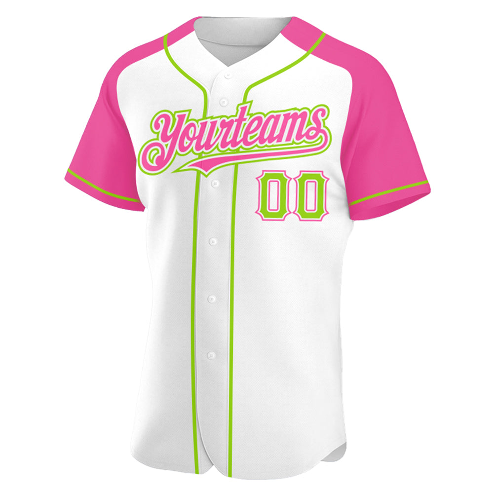 Custom White Neon Green-Pink Authentic Raglan Sleeves Baseball Jersey baseball jersey product view 3