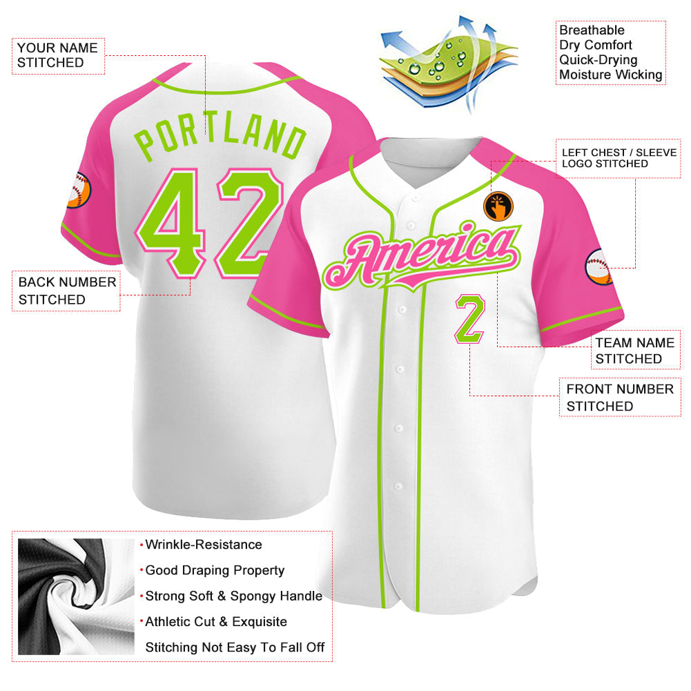 Custom White Neon Green-Pink Authentic Raglan Sleeves Baseball Jersey baseball jersey product view 4
