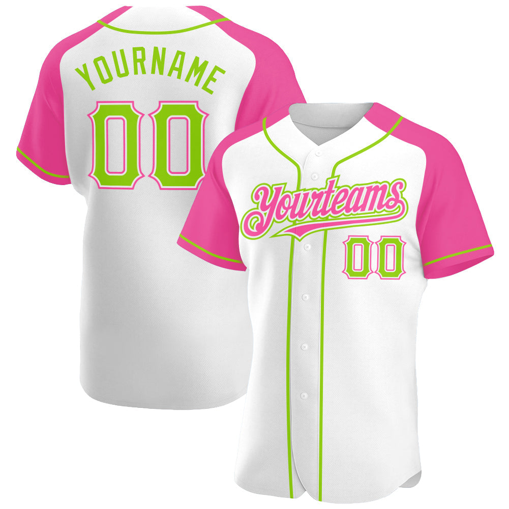 Custom White Neon Green-Pink Authentic Raglan Sleeves Baseball Jersey baseball jersey product view 1