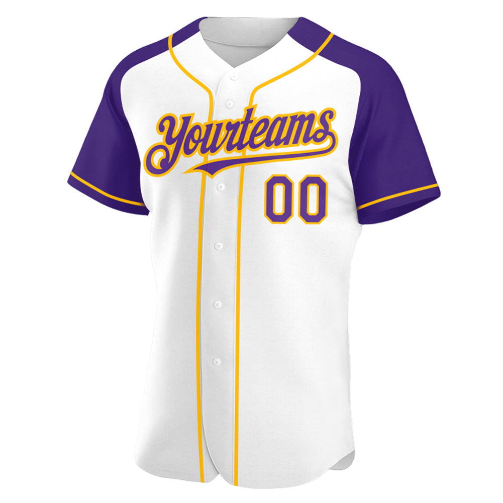Custom White Purple-Gold Authentic Raglan Sleeves Baseball Jersey baseball jersey product view 2