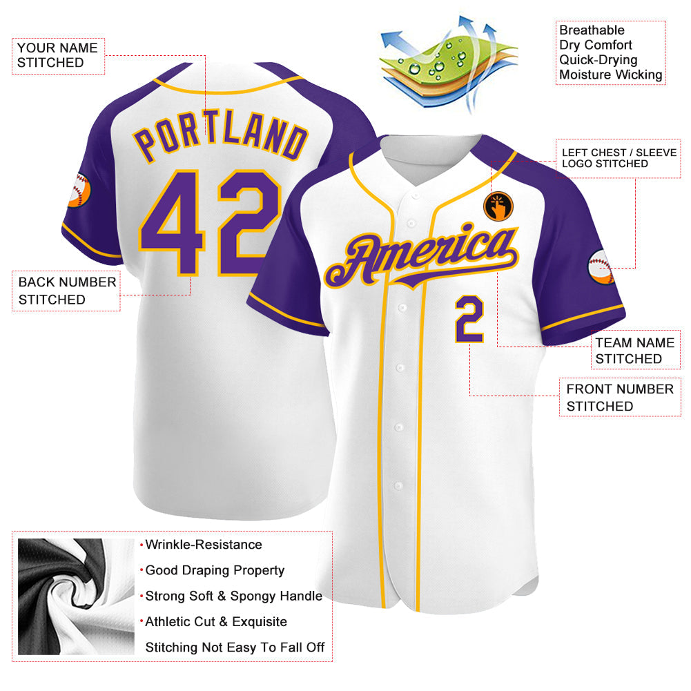 Custom White Purple-Gold Authentic Raglan Sleeves Baseball Jersey baseball jersey product view 3