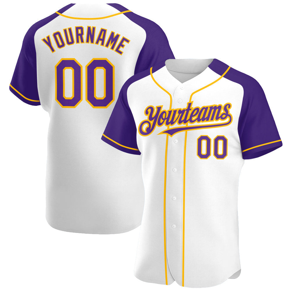 Custom White Purple-Gold Authentic Raglan Sleeves Baseball Jersey baseball jersey product view 1