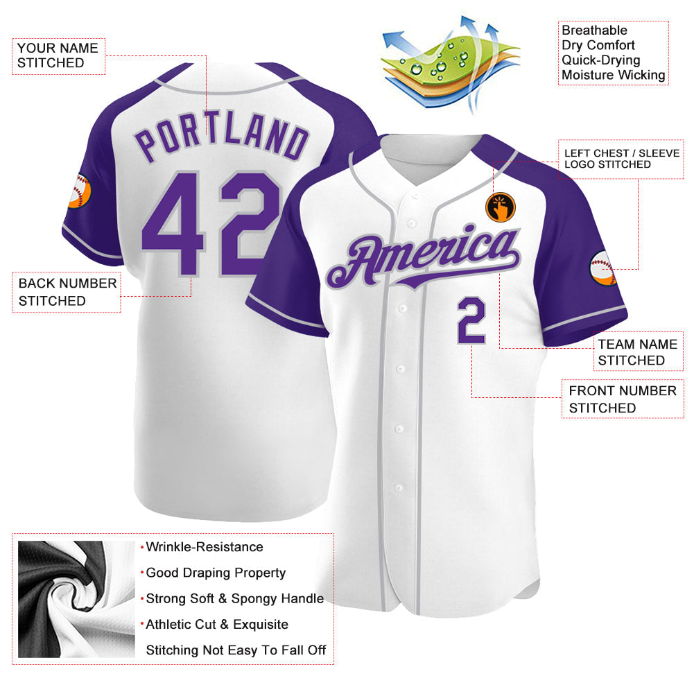 Custom White Purple-Gray Authentic Raglan Sleeves Baseball Jersey baseball jersey product view 3