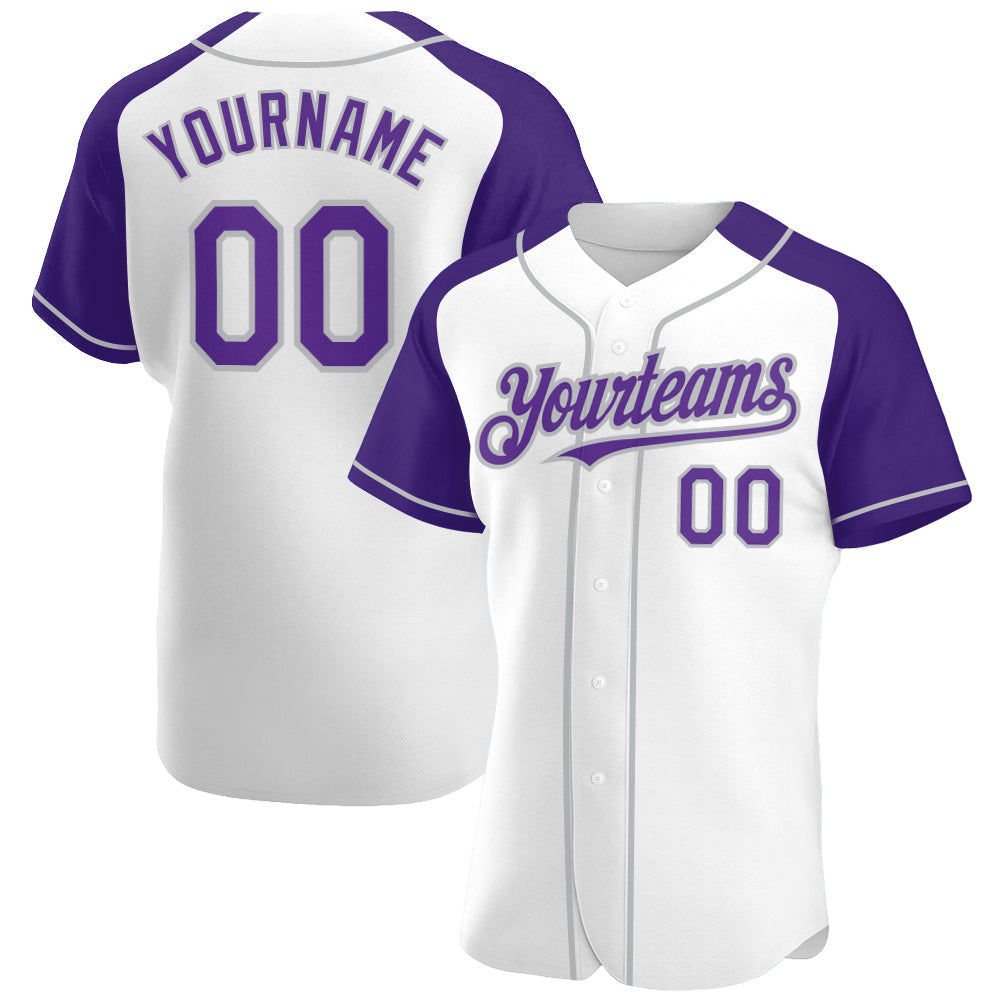 Custom White Purple-Gray Authentic Raglan Sleeves Baseball Jersey baseball jersey product view 1