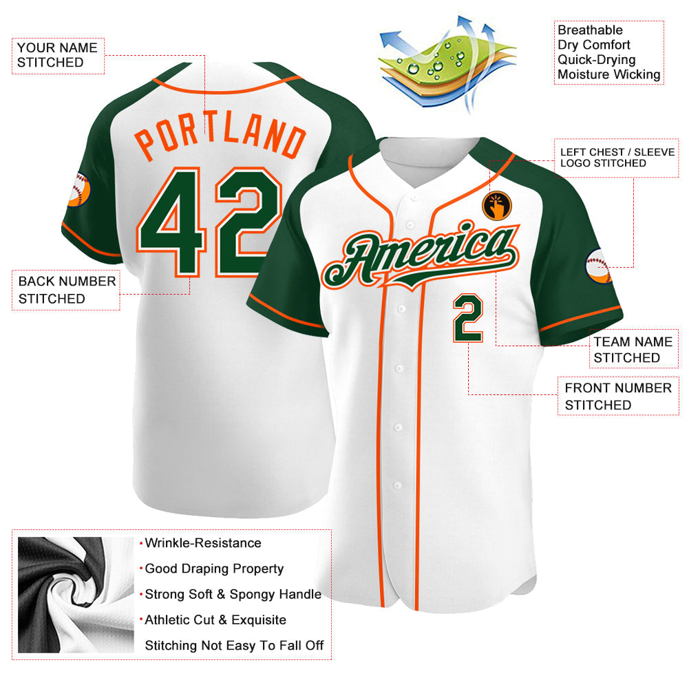 Custom White Green-Orange Authentic Raglan Sleeves Baseball Jersey baseball jersey product view 3
