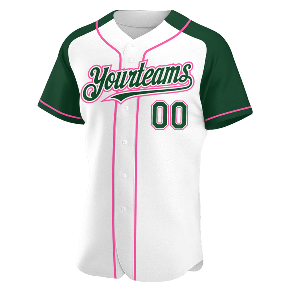 Custom White Green-Pink Authentic Raglan Sleeves Baseball Jersey baseball jersey product view 2