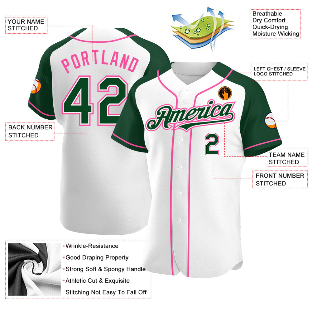 Custom White Green-Pink Authentic Raglan Sleeves Baseball Jersey baseball jersey product view 3