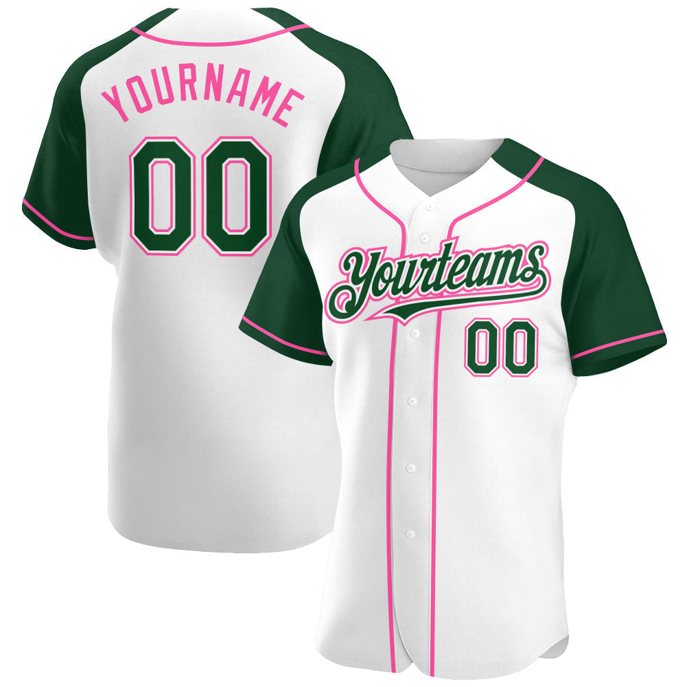 Custom White Green-Pink Authentic Raglan Sleeves Baseball Jersey baseball jersey product view 1