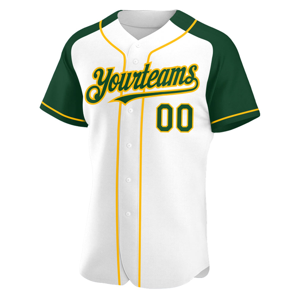 Custom White Green-Gold Authentic Raglan Sleeves Baseball Jersey baseball jersey product view 2