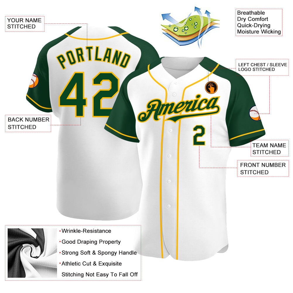Custom White Green-Gold Authentic Raglan Sleeves Baseball Jersey baseball jersey product view 3