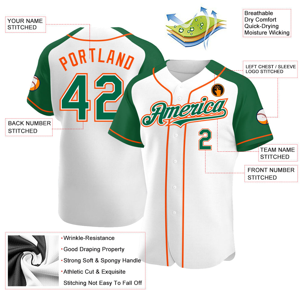 Custom White Kelly Green-Orange Authentic Raglan Sleeves Baseball Jersey baseball jersey product view 3