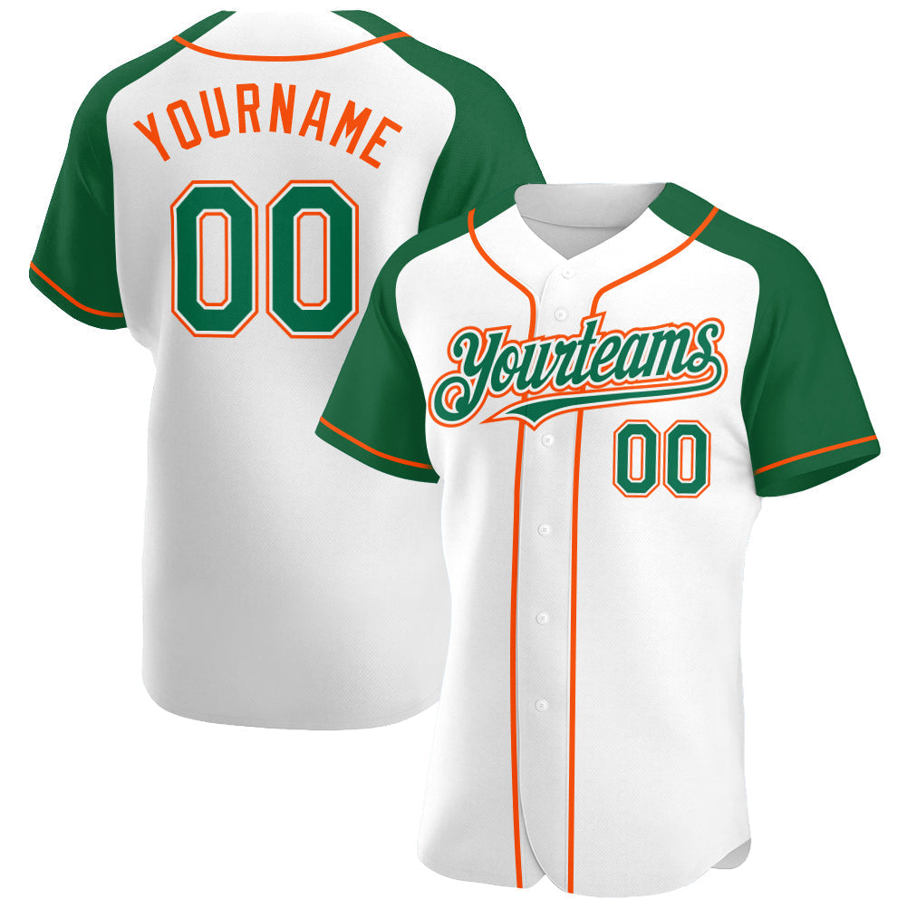 Custom White Kelly Green-Orange Authentic Raglan Sleeves Baseball Jersey baseball jersey product view 1