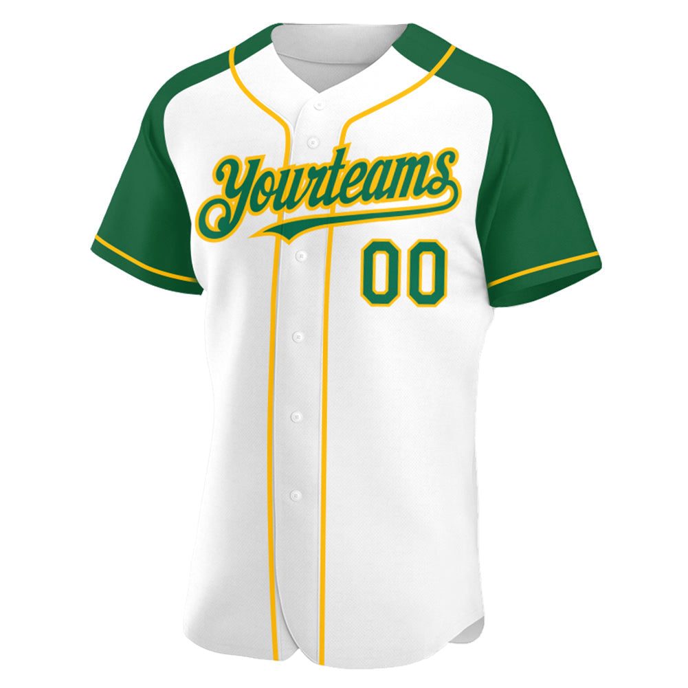 Custom White Kelly Green-Gold Authentic Raglan Sleeves Baseball Jersey baseball jersey product view 2